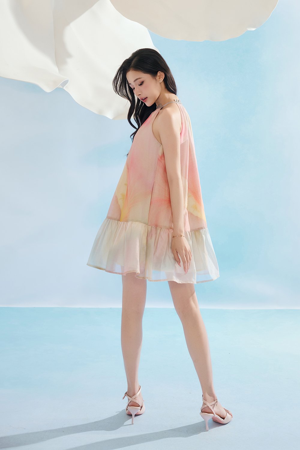 June Halter Flare Mini Dress in Blush Spring