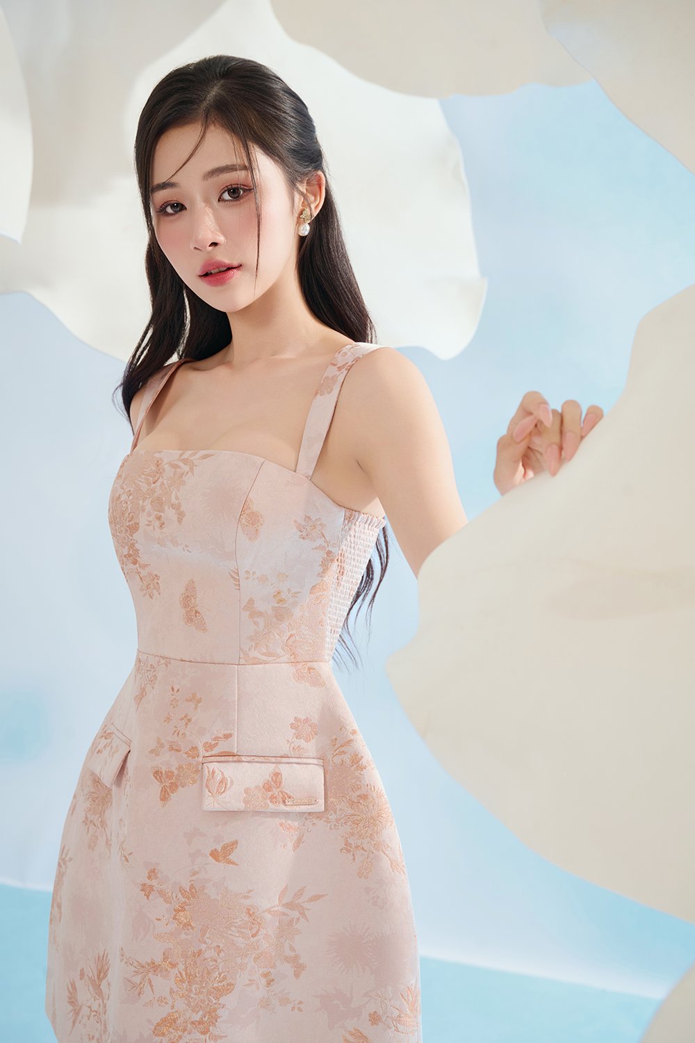 Kara Padded Jacquard Mini Dress in Blush Petal Mirage