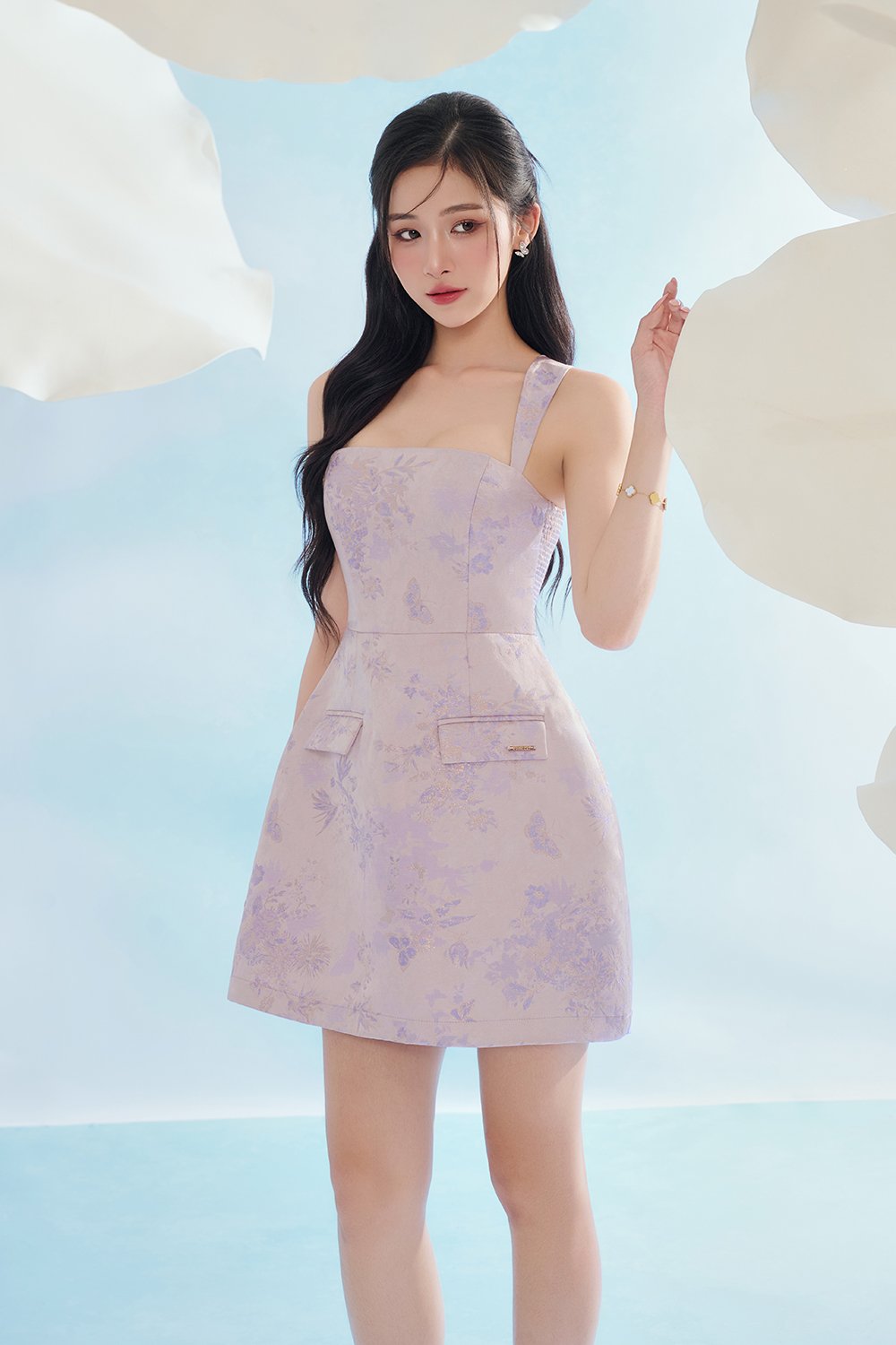 Kara Padded Jacquard Mini Dress in Lilac Petal Mirage