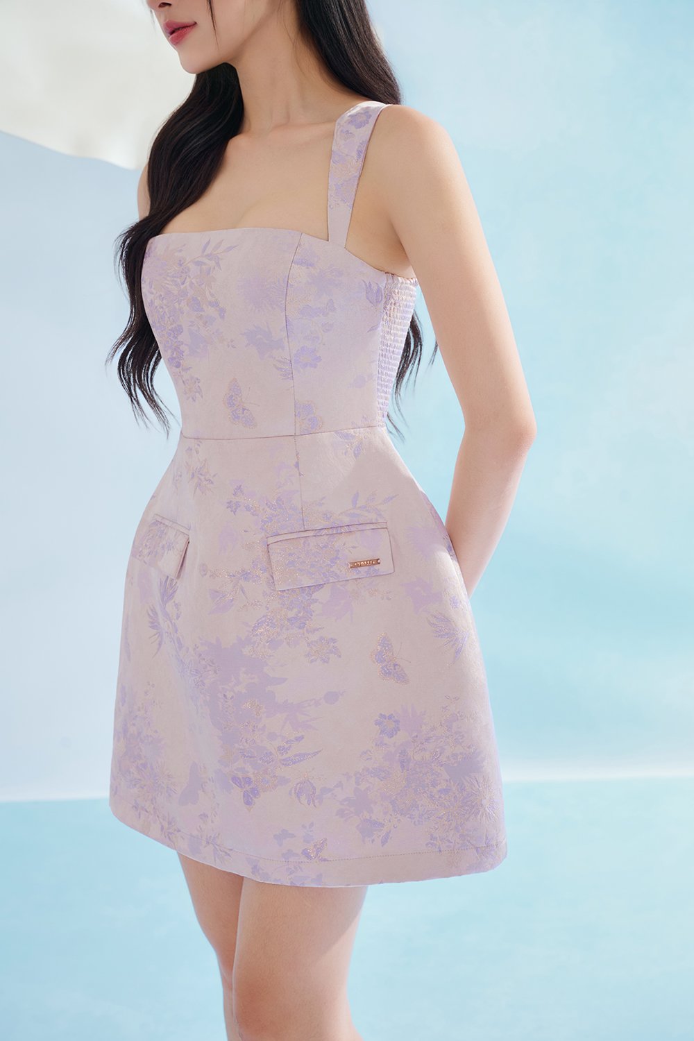 Kara Padded Jacquard Mini Dress in Lilac Petal Mirage