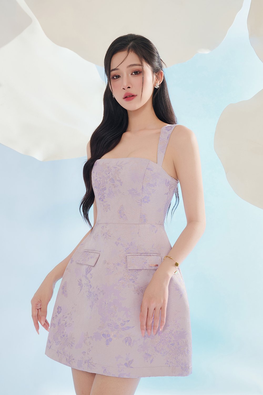 Kara Padded Jacquard Mini Dress in Lilac Petal Mirage