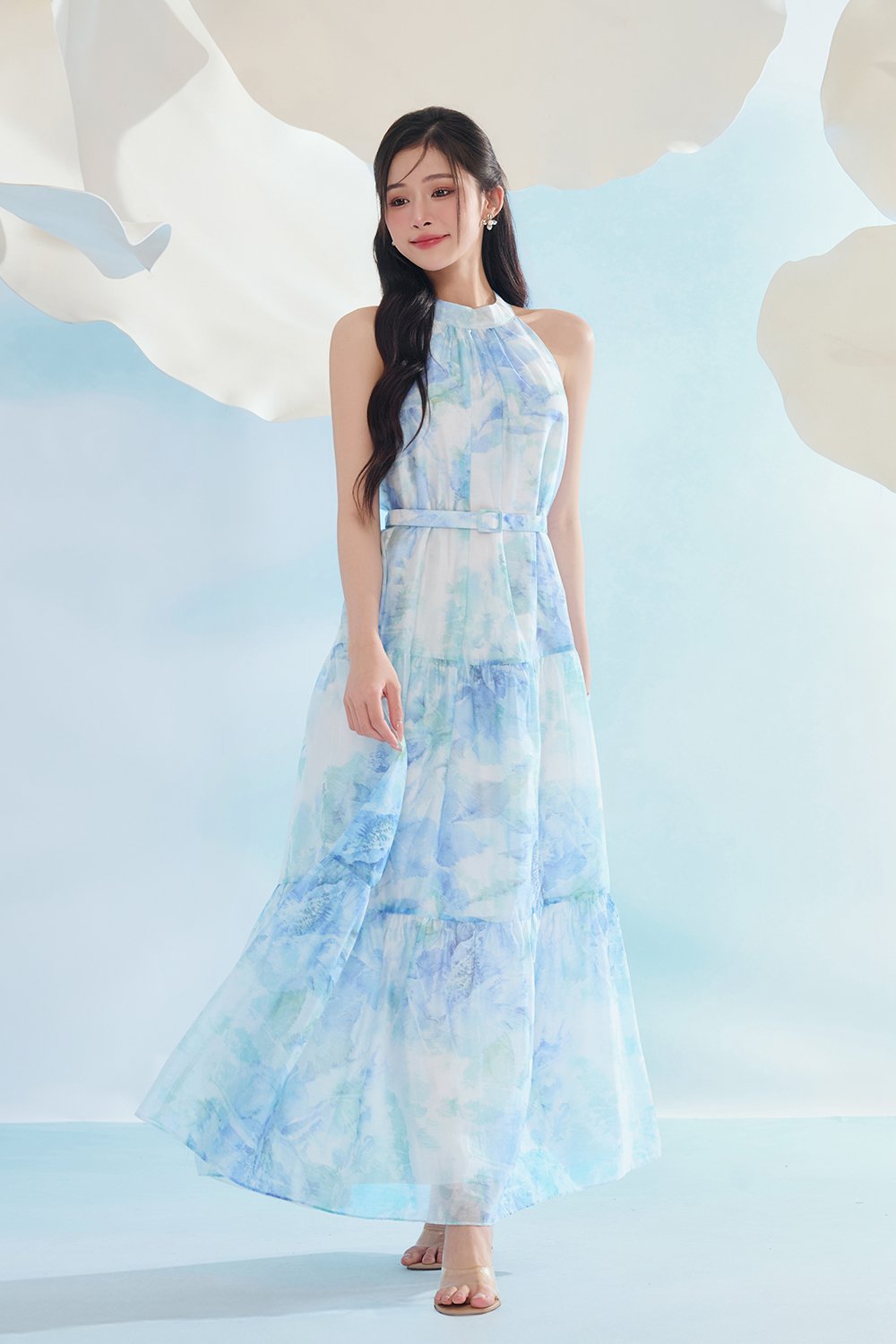 Leila Halter Maxi Dress with Belt in Blue Po&eacute;me