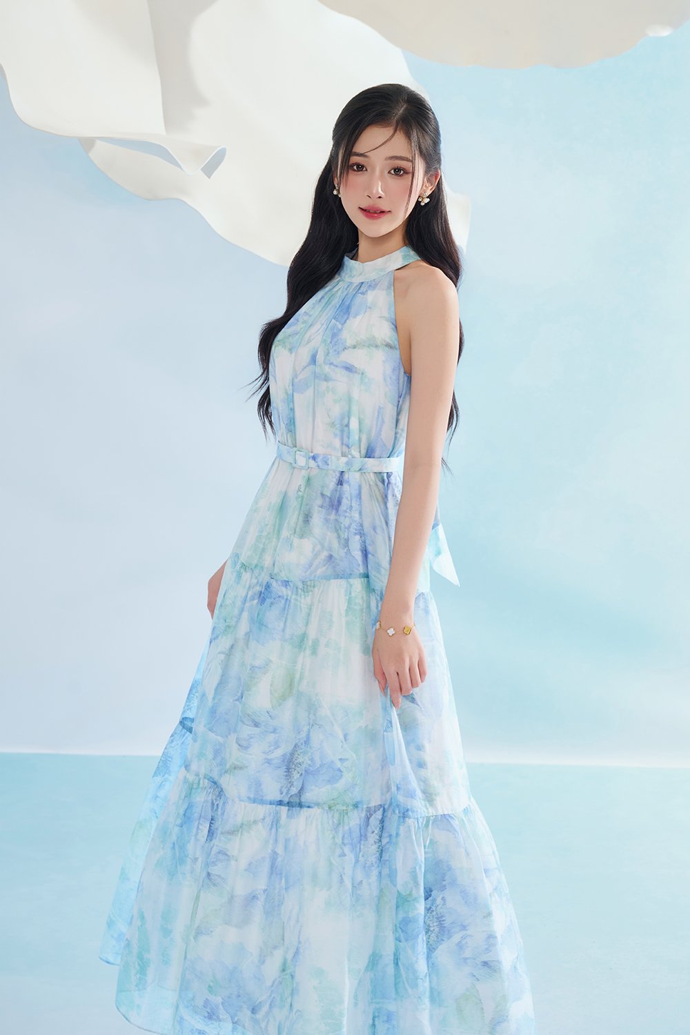 Leila Halter Maxi Dress with Belt in Blue Po&eacute;me