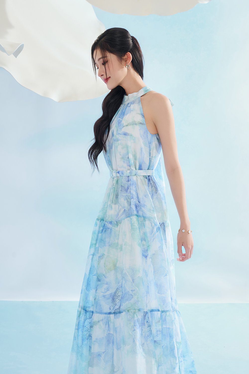Leila Halter Maxi Dress with Belt in Blue Po&eacute;me