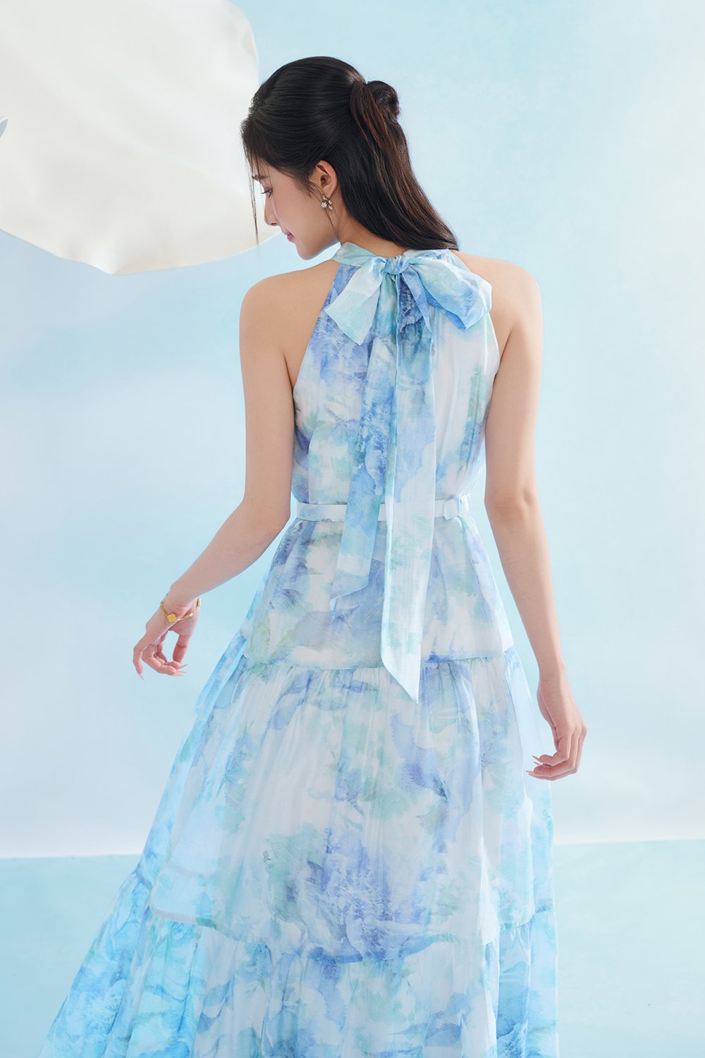 Leila Halter Maxi Dress with Belt in Blue Po&eacute;me