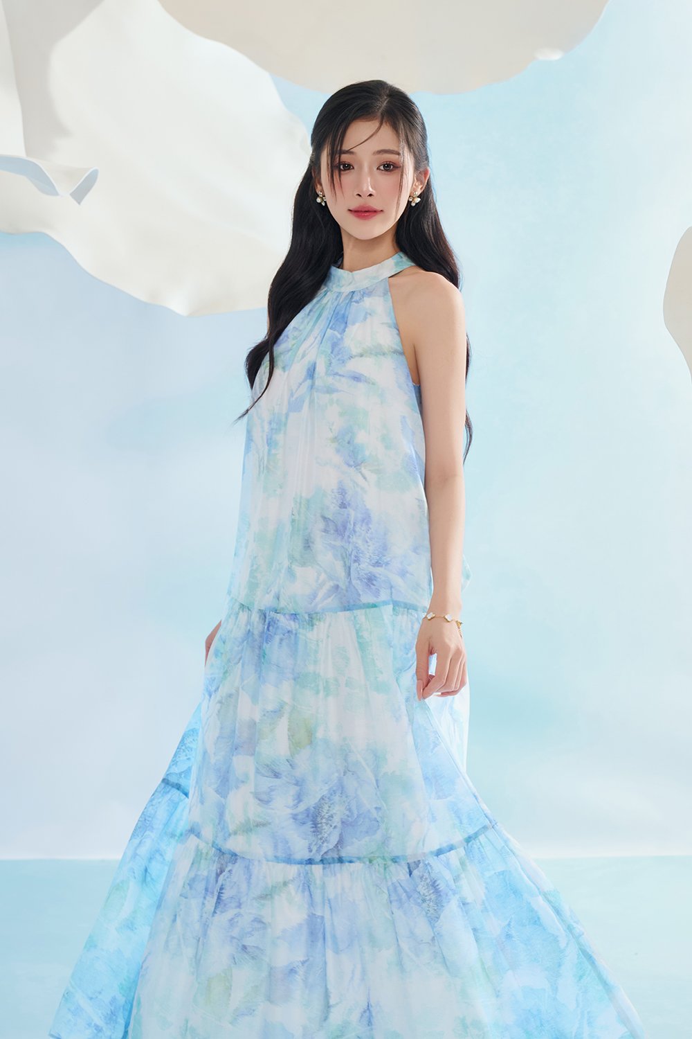 Leila Halter Maxi Dress with Belt in Blue Po&eacute;me