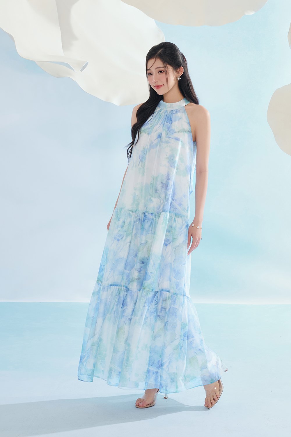 Leila Halter Maxi Dress with Belt in Blue Po&eacute;me