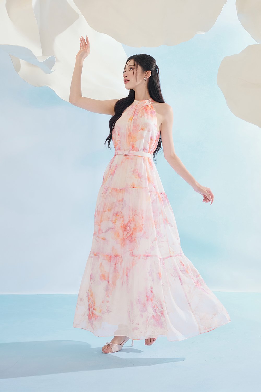Leila Halter Maxi Dress with Belt in Feather Pink Po&eacute;me