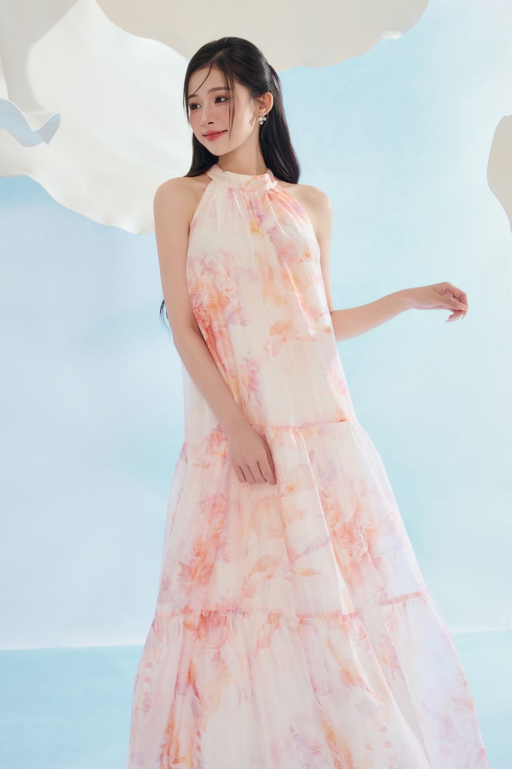 Leila Halter Maxi Dress with Belt in Feather Pink Po&eacute;me