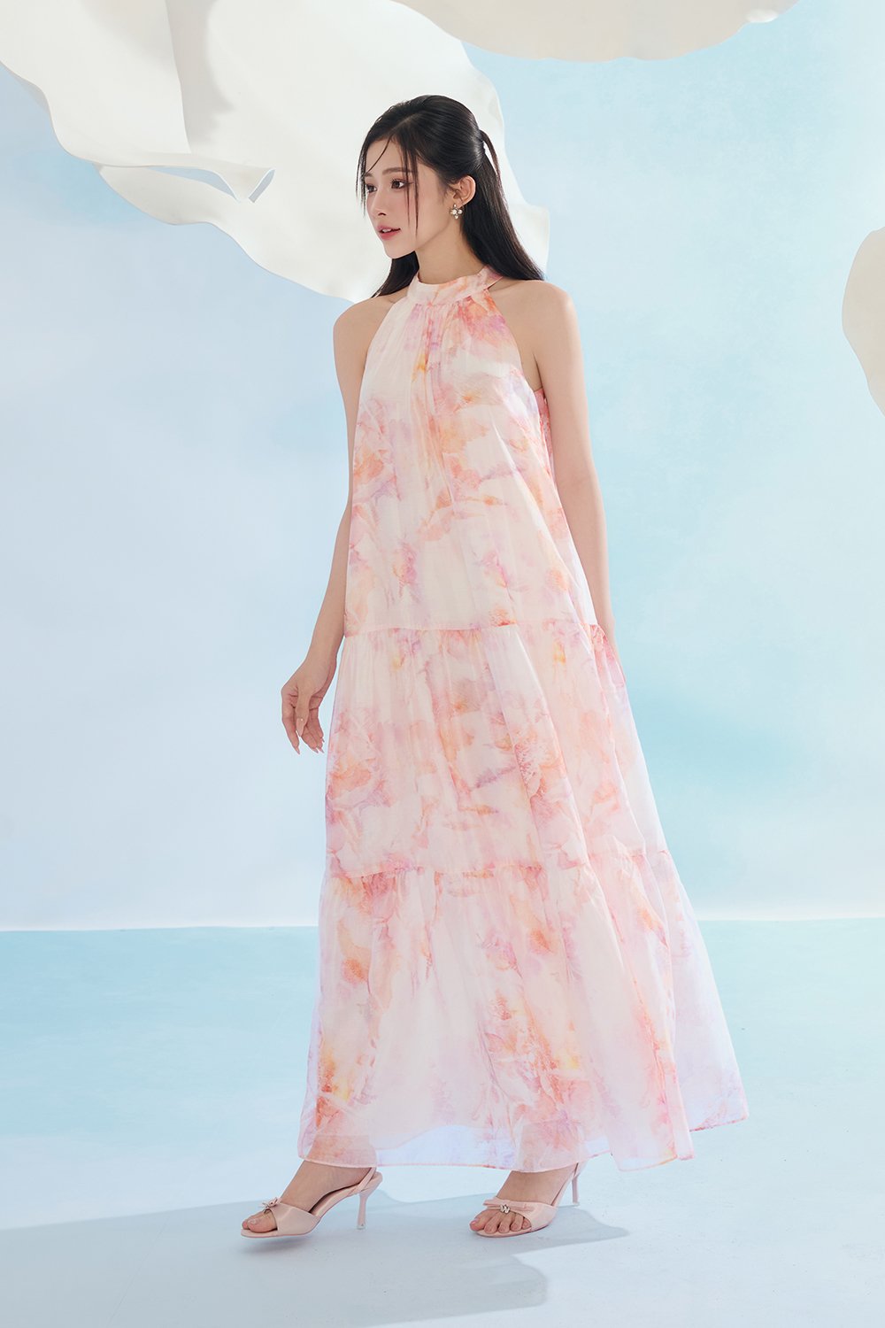Leila Halter Maxi Dress with Belt in Feather Pink Po&eacute;me
