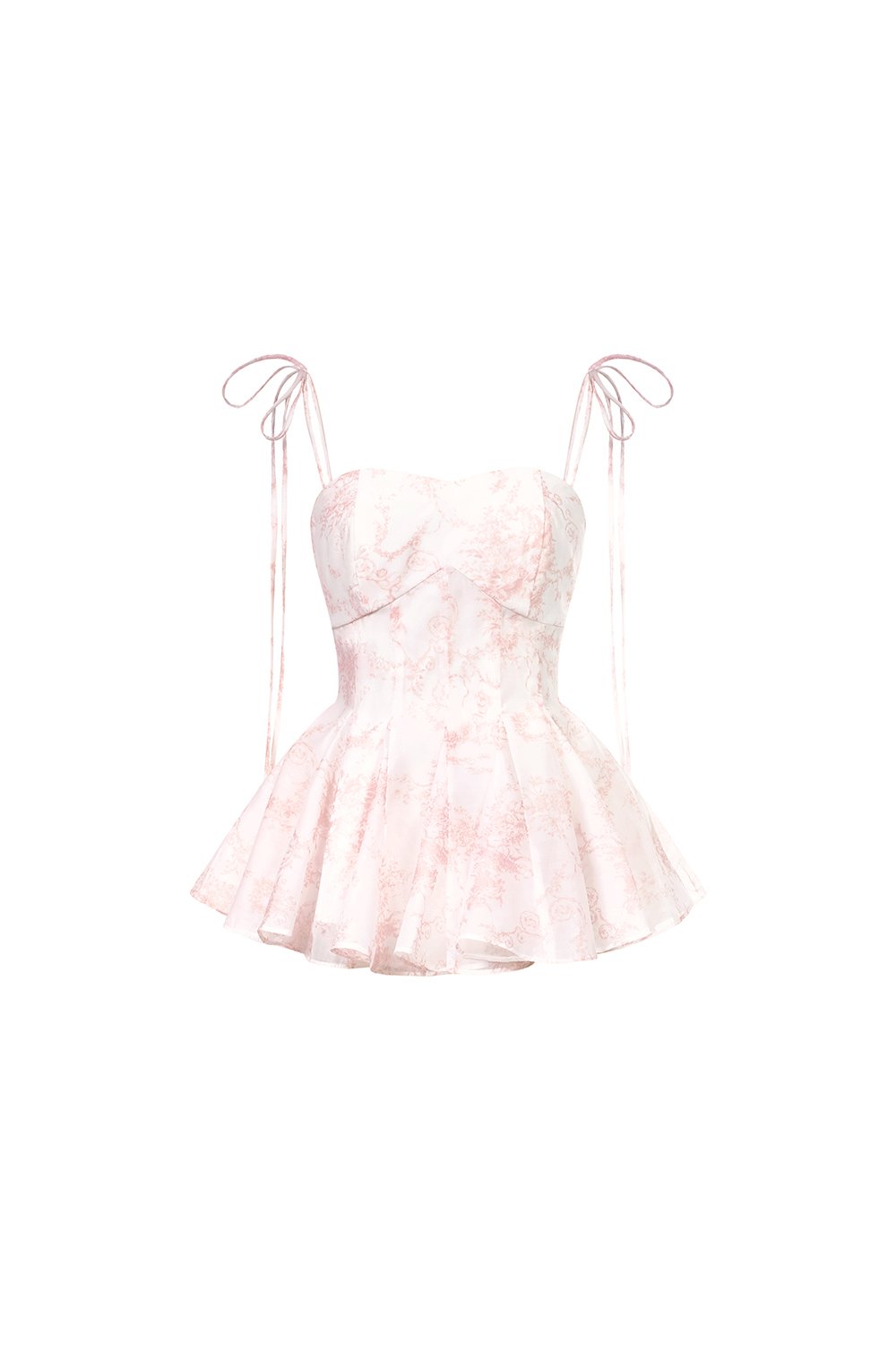 Leni Padded Ribbon Tie Gusset Top in Pink Toile de Jouy