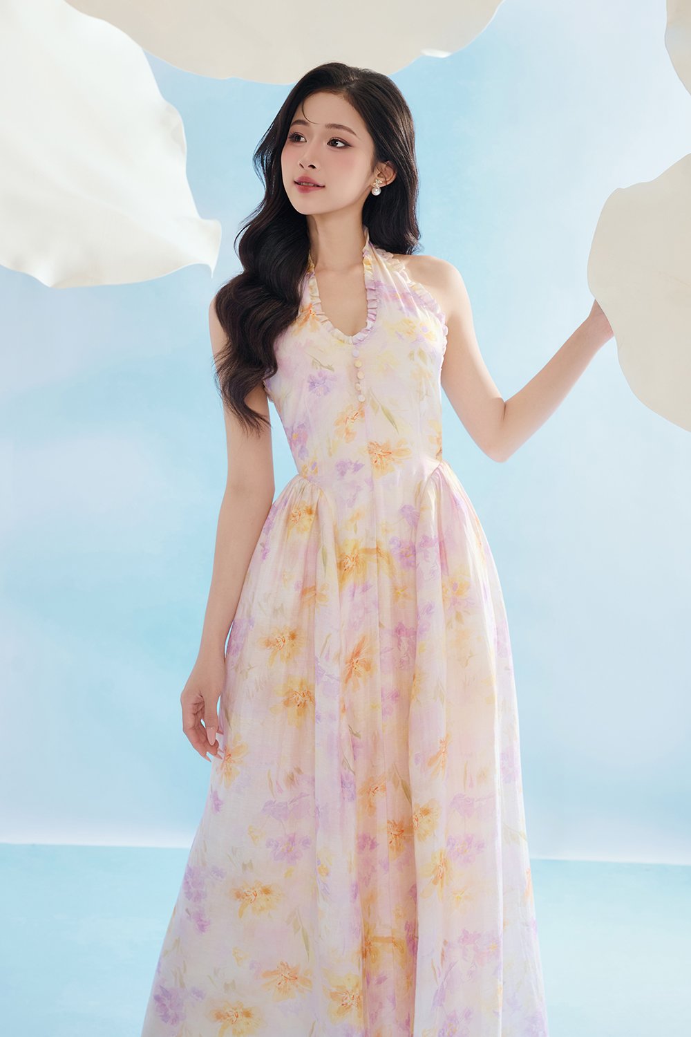 Maisie Padded Halter Flare Maxi Dress in Purple Fleur de Voile