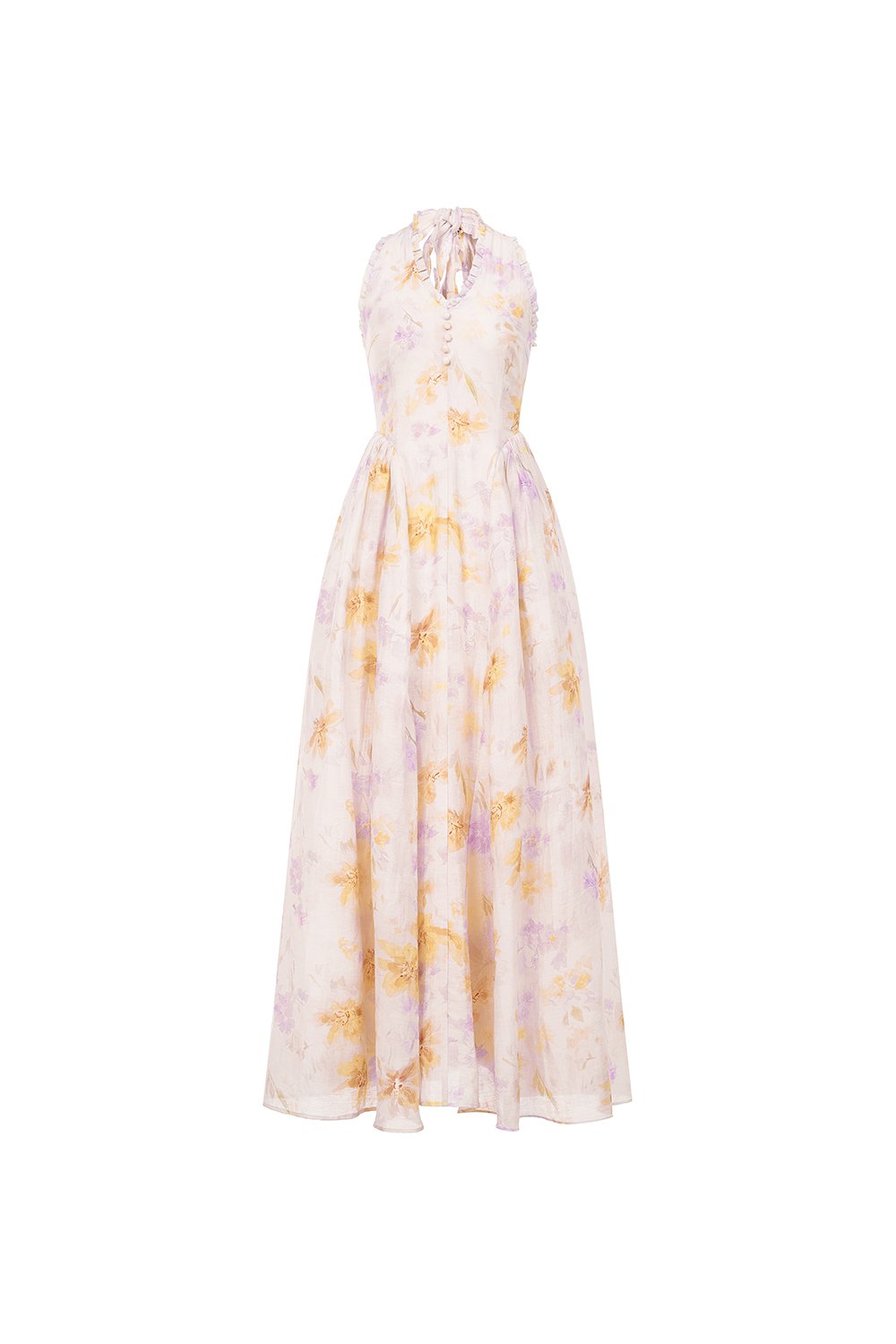 Maisie Padded Halter Flare Maxi Dress in Purple Fleur de Voile