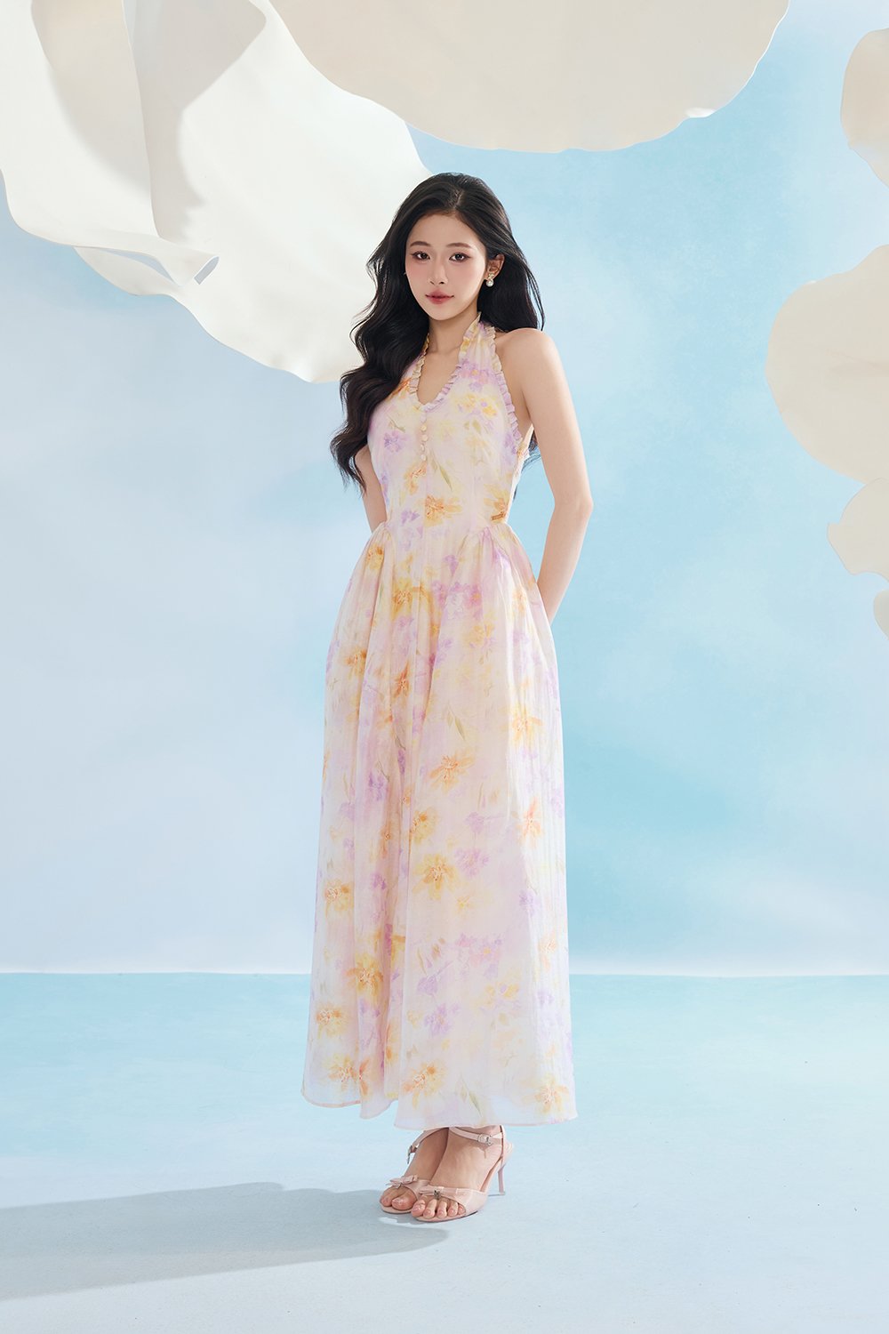 Maisie Padded Halter Flare Maxi Dress in Purple Fleur de Voile