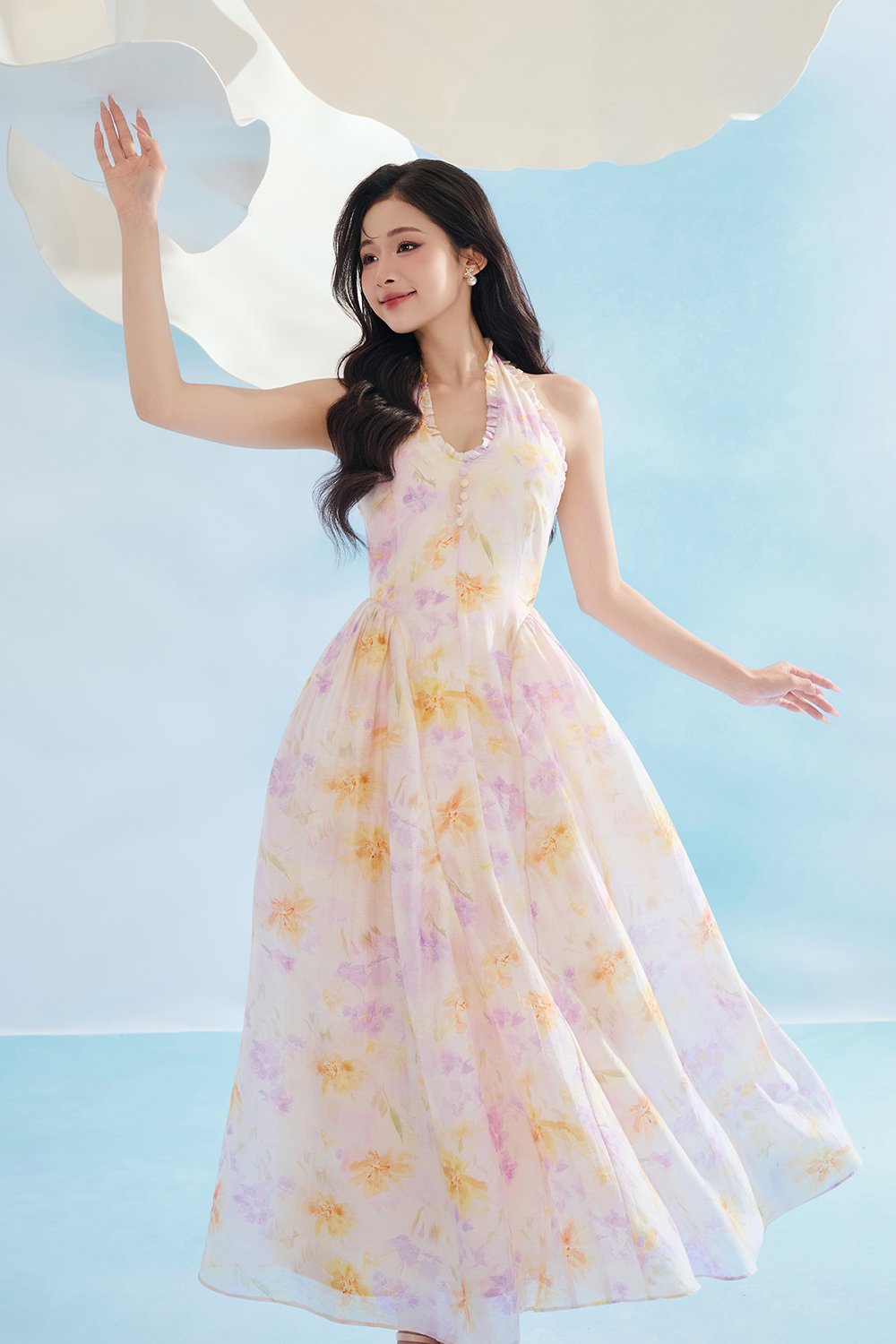 Maisie Padded Halter Flare Maxi Dress in Purple Fleur de Voile