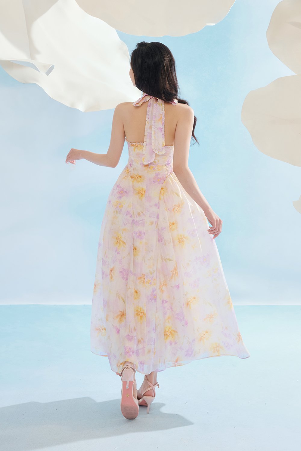 Maisie Padded Halter Flare Maxi Dress in Purple Fleur de Voile