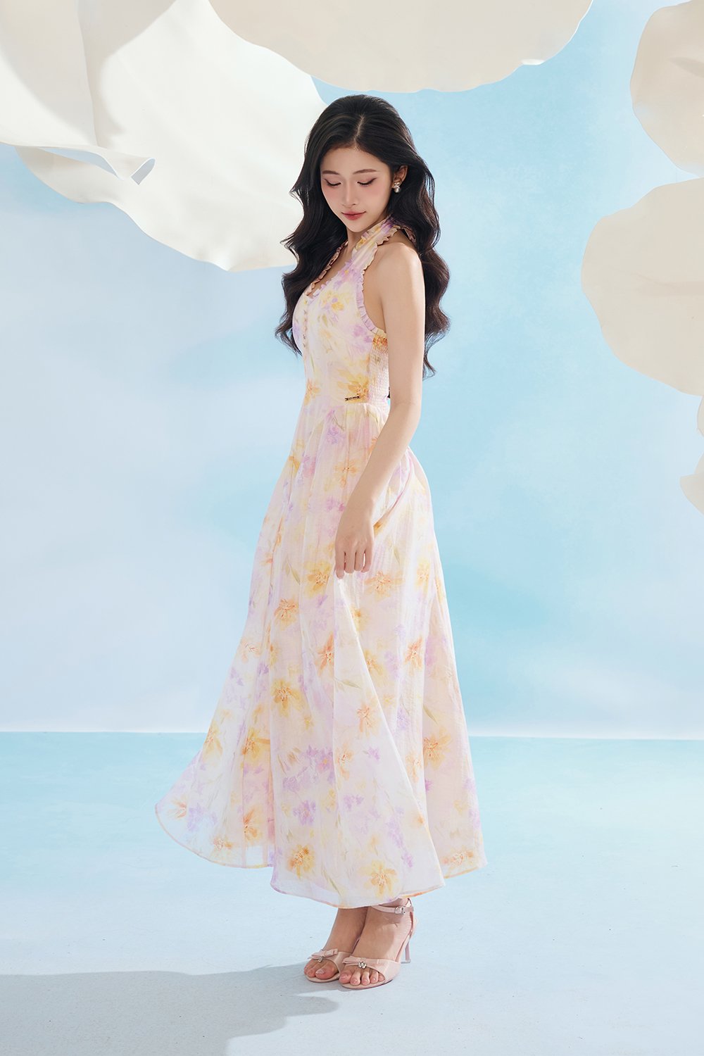 Maisie Padded Halter Flare Maxi Dress in Purple Fleur de Voile