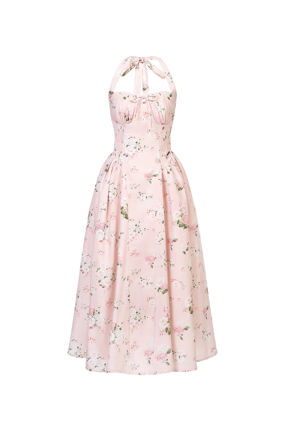 Monroe Halter Pintuck Midi Dress in Crepe Pink Floral Bouquet
