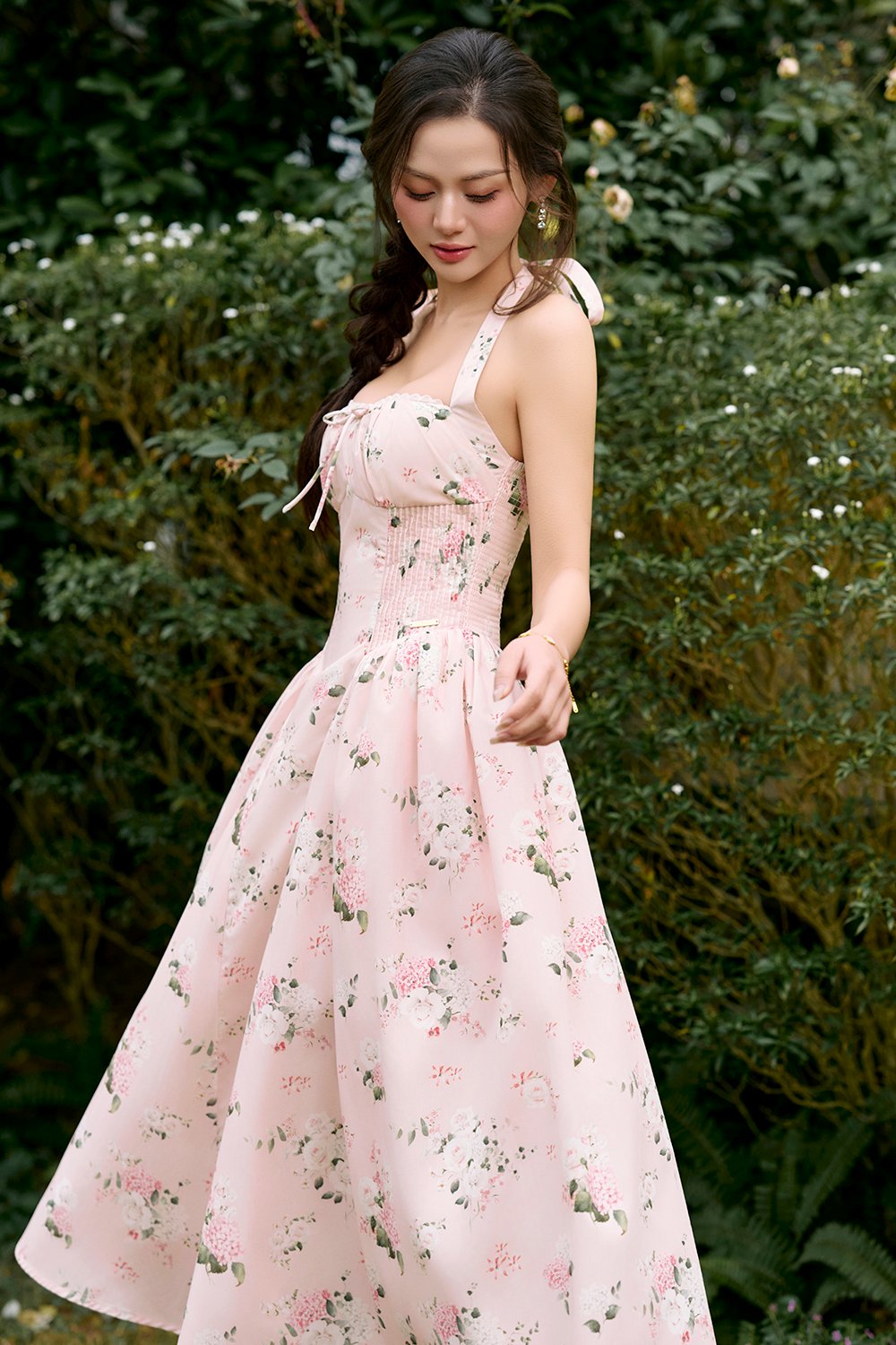 Monroe Halter Pintuck Midi Dress in Crepe Pink Floral Bouquet