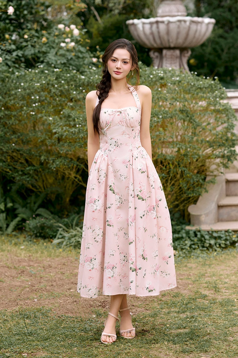 Monroe Halter Pintuck Midi Dress in Crepe Pink Floral Bouquet
