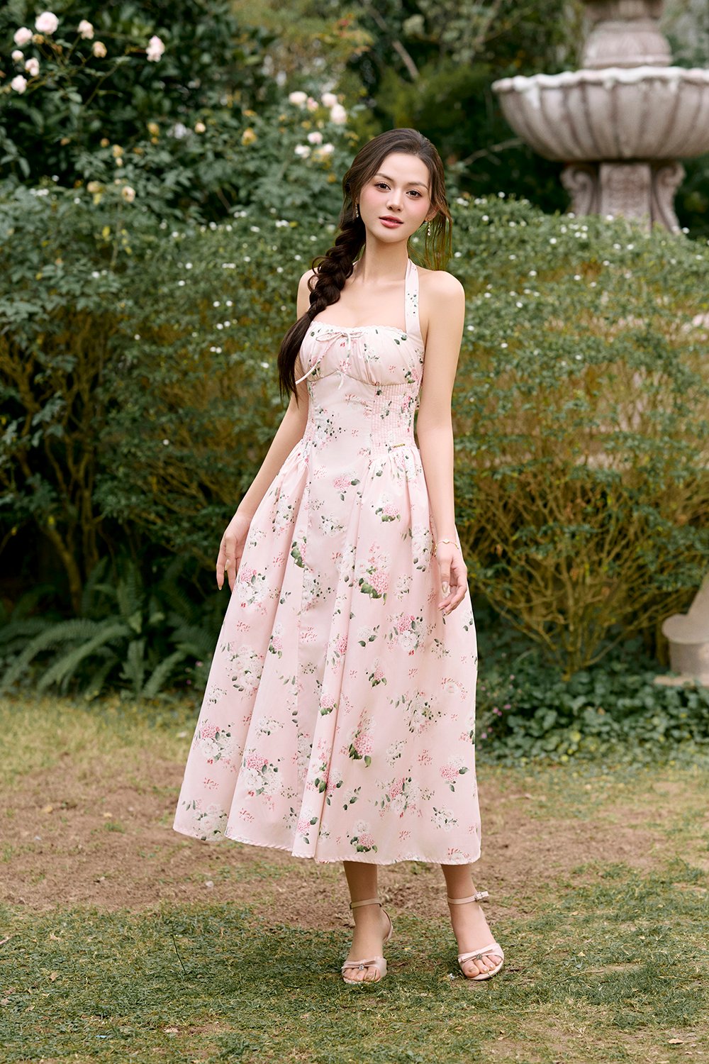 Monroe Halter Pintuck Midi Dress in Crepe Pink Floral Bouquet