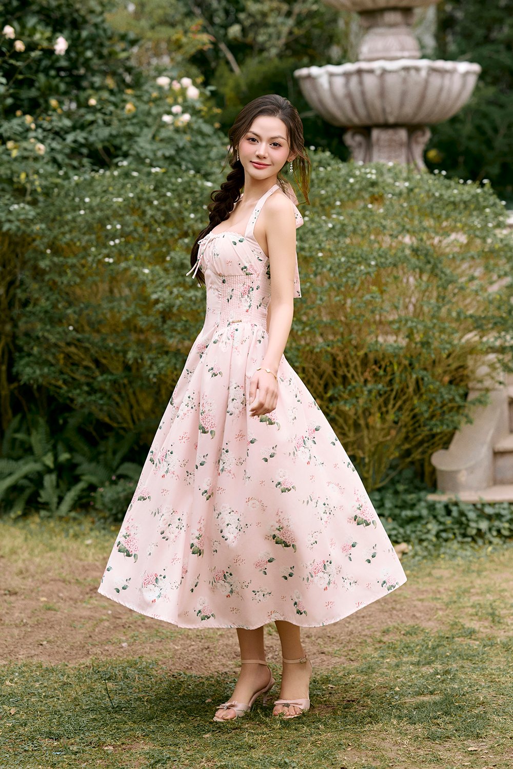 Monroe Halter Pintuck Midi Dress in Crepe Pink Floral Bouquet