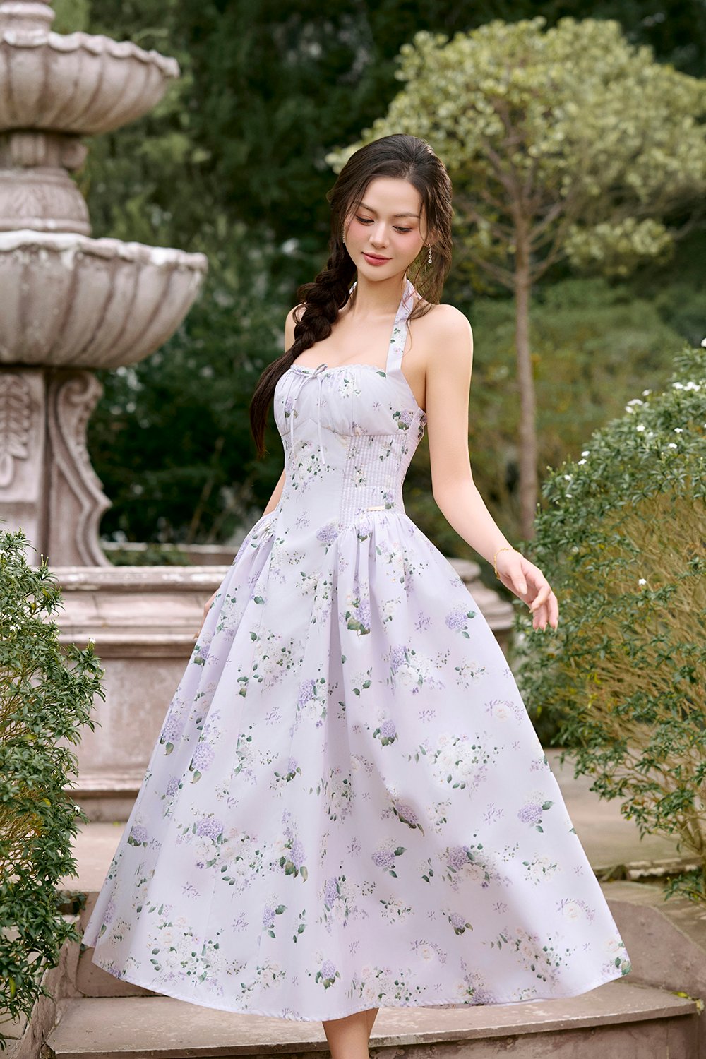 Monroe Halter Pintuck Midi Dress in Lilac Floral Bouquet
