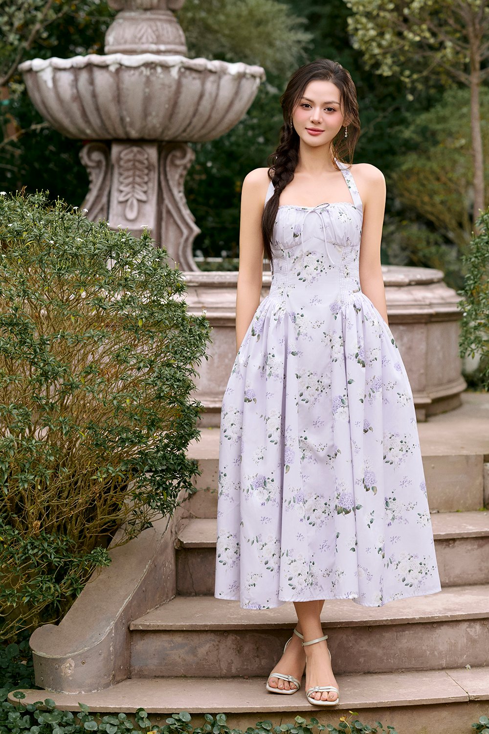 Monroe Halter Pintuck Midi Dress in Lilac Floral Bouquet