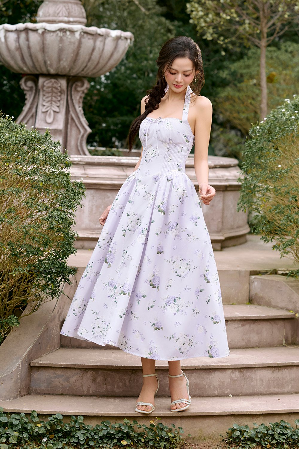 Monroe Halter Pintuck Midi Dress in Lilac Floral Bouquet