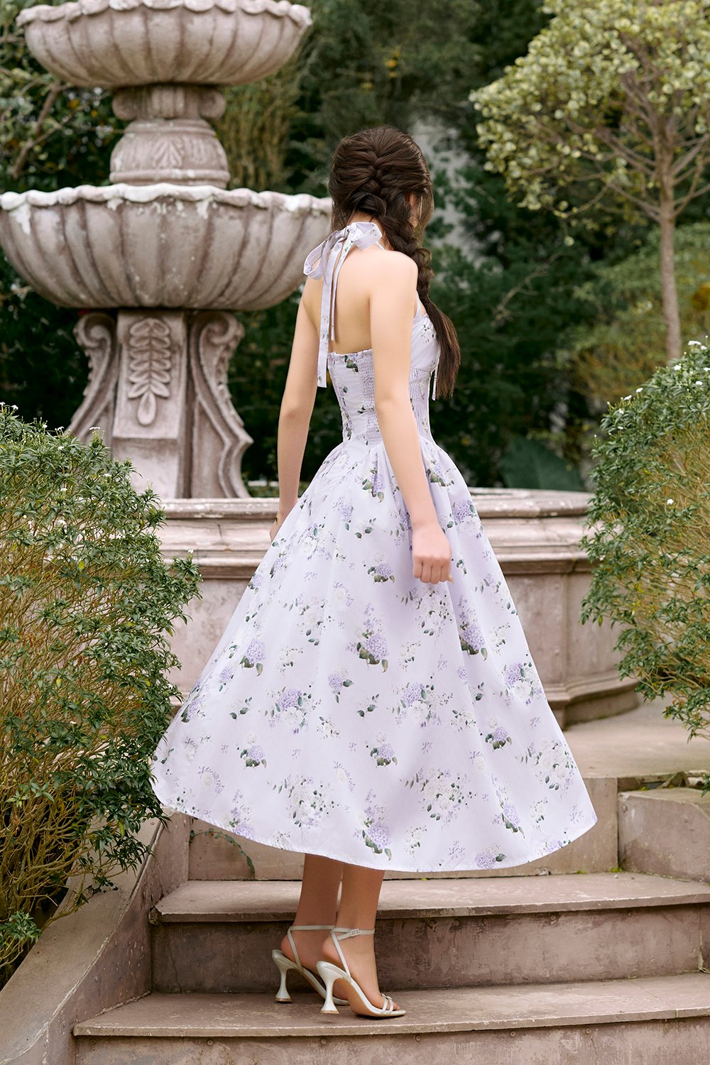 Monroe Halter Pintuck Midi Dress in Lilac Floral Bouquet