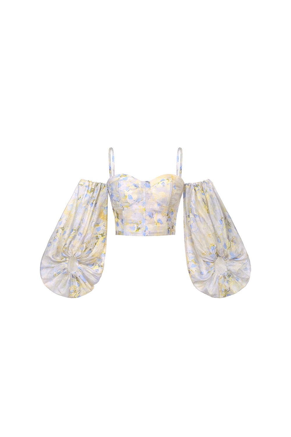 Nettie Bustier Balloon Sleeves Crop Top in Dreaming Blue Blooms