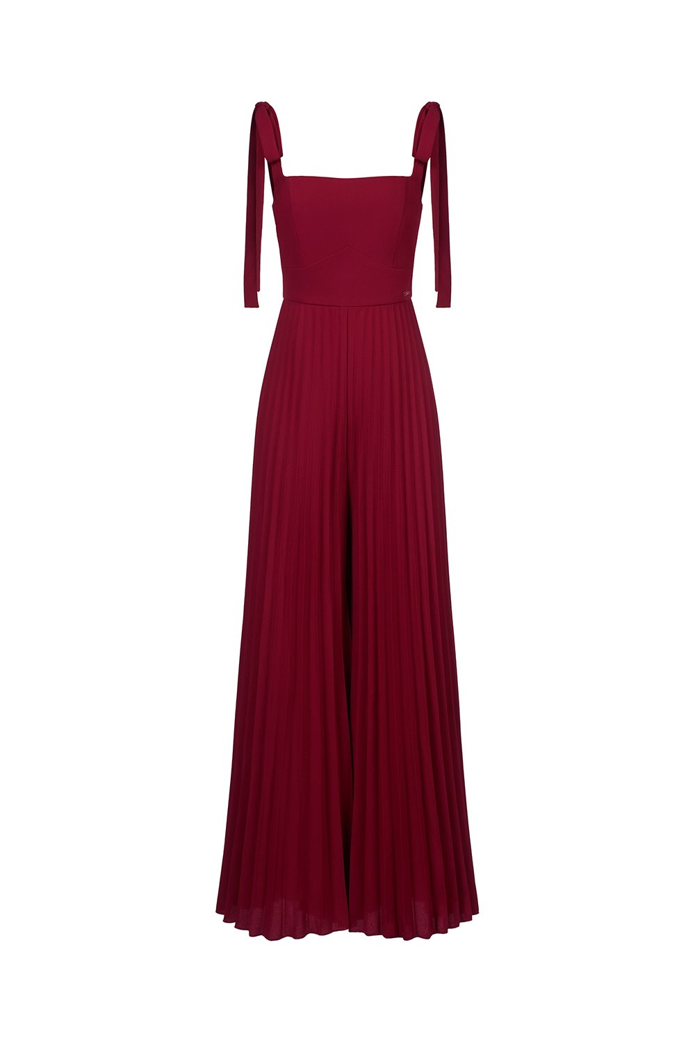 No&eacute;mie Padded Chiffon Ribbon Straps Pleated Jumpsuit in Wine Red