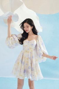 Annelise Sweetheart Balloon Sleeves Mini Dress in Blue Fleur de Voile