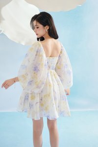 Annelise Sweetheart Balloon Sleeves Mini Dress in Blue Fleur de Voile