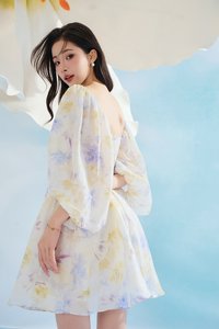 Annelise Sweetheart Balloon Sleeves Mini Dress in Blue Fleur de Voile