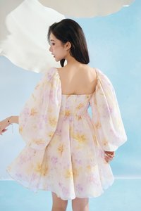 Annelise Sweetheart Balloon Sleeves Mini Dress in Purple Fleur de Voile