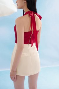 Anya Padded Ribbon Tie Halter Peplum Top in Cherry Red