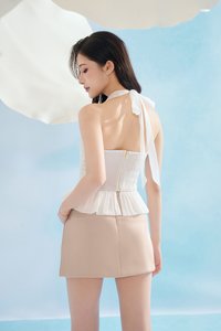 Anya Padded Ribbon Tie Halter Peplum Top in Iconic White