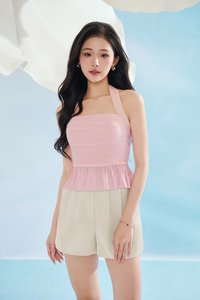 Anya Padded Ribbon Tie Halter Peplum Top in Lacey Pink