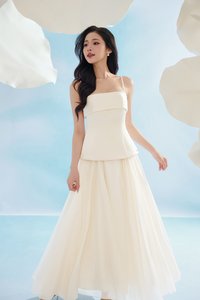 Astra Padded Straight Neckline Contrast Maxi Dress in Crem&eacute;