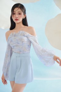 Aviva Sateen Pleated High Waist Shorts in Pastel Blue