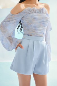 Aviva Sateen Pleated High Waist Shorts in Pastel Blue
