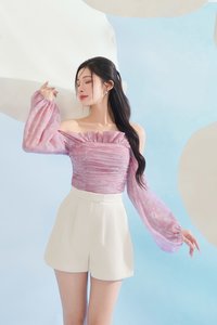 Aviva Sateen Pleated High Waist Shorts in Pearl