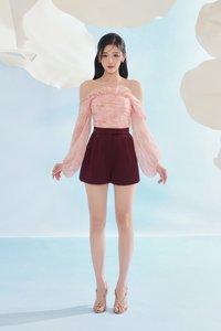 Aviva Sateen Pleated High Waist Shorts in Pinot Noir