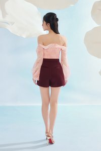 Aviva Sateen Pleated High Waist Shorts in Pinot Noir