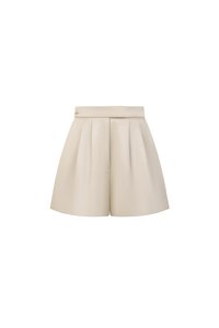 Aviva Sateen Pleated High Waist Shorts in Taupe Champagne