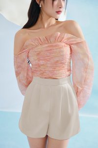 Aviva Sateen Pleated High Waist Shorts in Taupe Champagne