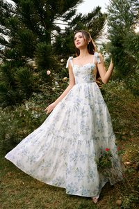 Belle Removable Ribbon Straps Bustier Tiered Maxi Dress in Fleurison Ciel