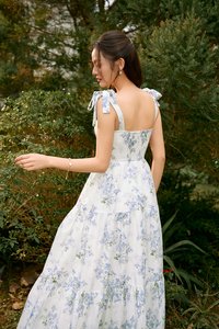 Belle Removable Ribbon Straps Bustier Tiered Maxi Dress in Fleurison Ciel