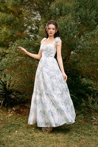 Belle Removable Ribbon Straps Bustier Tiered Maxi Dress in Fleurison Ciel